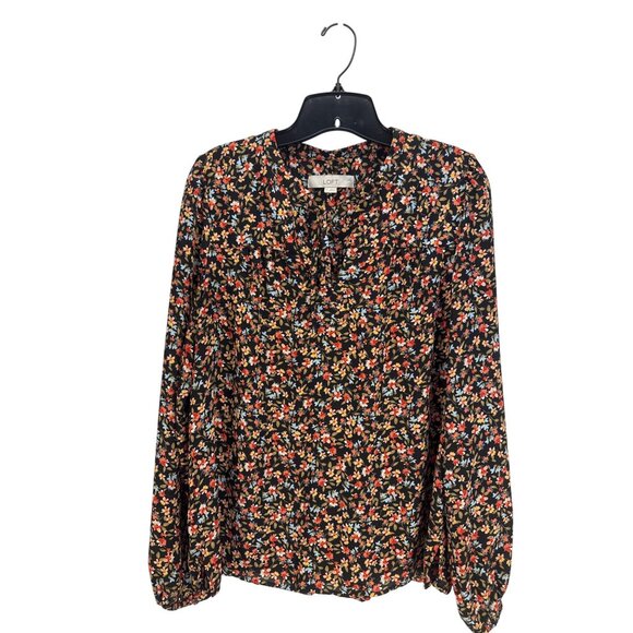 Loft Floral Ruffle Neck Blouse M Brown Long Sleeve Boho Cottagecore Career - Picture 2 of 8